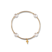 Load image into Gallery viewer, Charmed White Pearl & Cross 8mm Gold Blessing Bracelet: Small