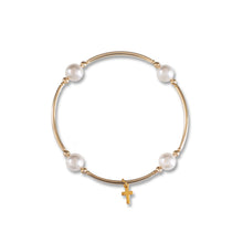 Load image into Gallery viewer, Charmed White Pearl &amp; Cross 8mm Gold Blessing Bracelet: Large