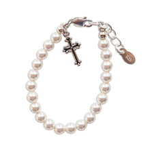Load image into Gallery viewer, Girls Silver Pearl Cross Baby Baptism and Communion Bracelet: Large 6-12 Years