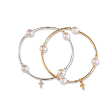 Load image into Gallery viewer, Charmed White Pearl & Cross 8mm Gold Blessing Bracelet: Small