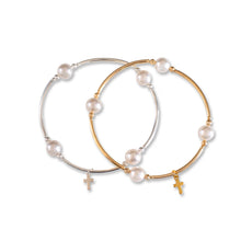 Load image into Gallery viewer, Charmed White Pearl &amp; Cross 8mm Gold Blessing Bracelet: Large