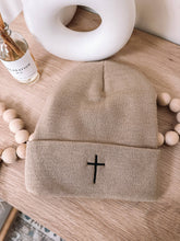 Load image into Gallery viewer, Embroidered Cross Knit Beanie: Camel