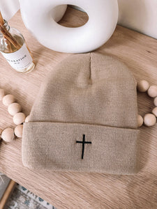 Embroidered Cross Knit Beanie: Camel