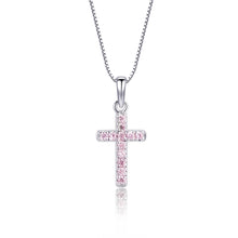 Load image into Gallery viewer, Girls 1st Communion Sterling Silver Pink CZ Cross Necklace: 14 inch