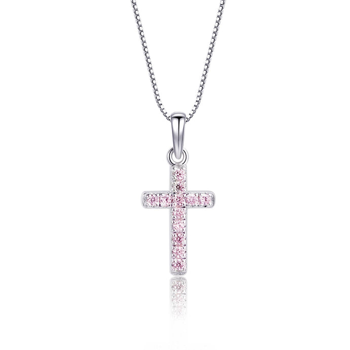 Girls 1st Communion Sterling Silver Pink CZ Cross Necklace: 14 inch