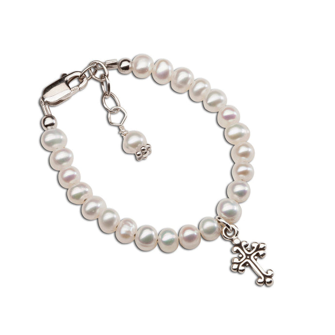 Girls Sterling Silver Pearl and Cross Baby Bracelet Kids: Large 6-12 Years