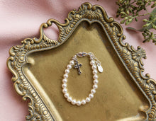 Load image into Gallery viewer, Girls Silver Pearl Cross Baby Baptism and Communion Bracelet: Large 6-12 Years