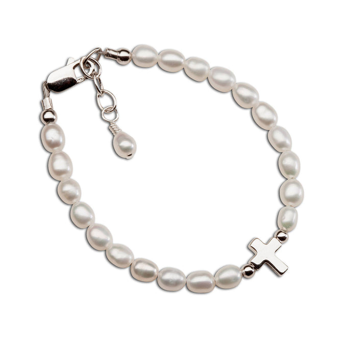 Girls Sterling Silver Pearl and Cross Baby Bracelet Kids (Co: Large 6-12 Years