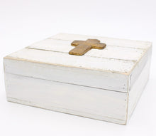 Load image into Gallery viewer, 8&quot; Square Wood Box, White with Gold Cross