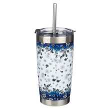 Load image into Gallery viewer, Be Still & Know Blue Floral Stainless Steel Travel Mug with Reusable Stainless Steel Straw - Psalm 46:10