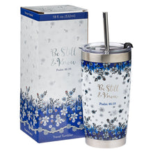 Load image into Gallery viewer, Be Still & Know Blue Floral Stainless Steel Travel Mug with Reusable Stainless Steel Straw - Psalm 46:10