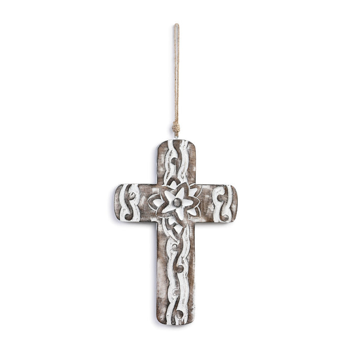 Carved Flower White Washed Wood Cross