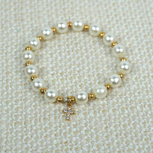 Load image into Gallery viewer, Jeweled Cross Pearls and Gold Bead Bracelet: White / 0-3 Months