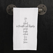 Load image into Gallery viewer, She is clothed in strength and dignity and she laughs without fear of the future.: White
