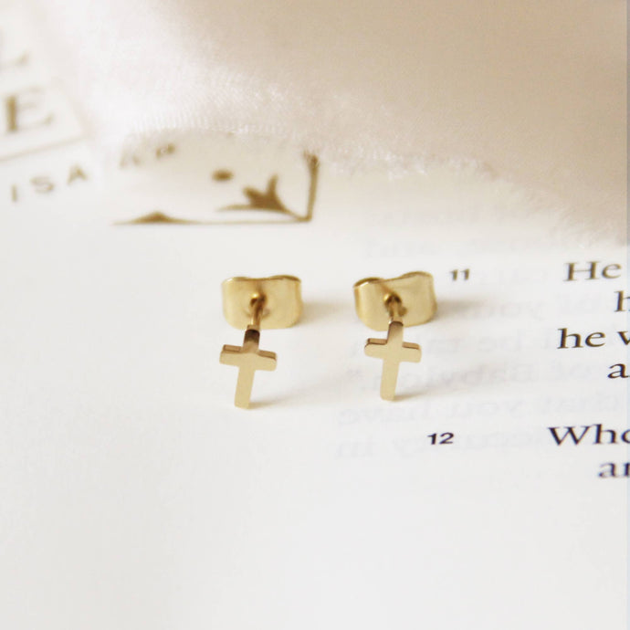 Tiny Cross Stud Earrings: Yellow Gold
