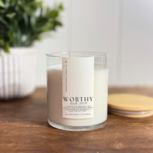 Load image into Gallery viewer, Worthy | Volcanic Island | 9 oz. Clear Jar Soy Candle: Natural Wood Lid
