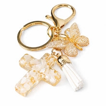 Load image into Gallery viewer, Butterfly Cross Keychain, Gold Tone with Tassel, 3 ct