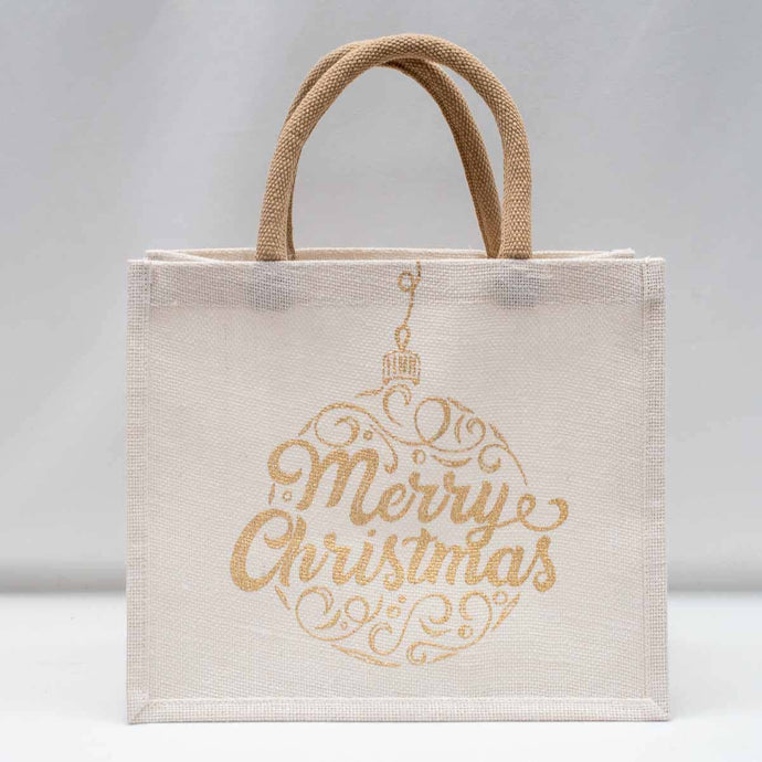 Merry Ornament Script Gift Tote   White/Gold 12x10x8