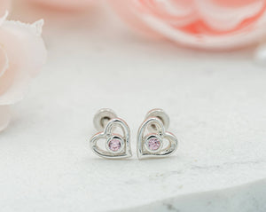 Sterling Silver Heart With Pink CZ Earring