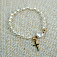 Load image into Gallery viewer, Gold  Cross Pearls with One Water Pearl Bracelet - 6MM: 3-6  Months