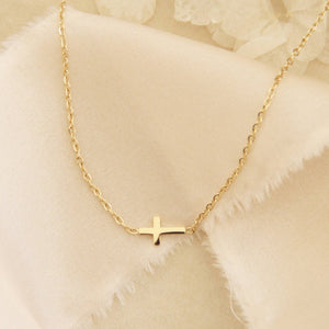 Dainty Sideways Cross Necklace: Yellow Gold