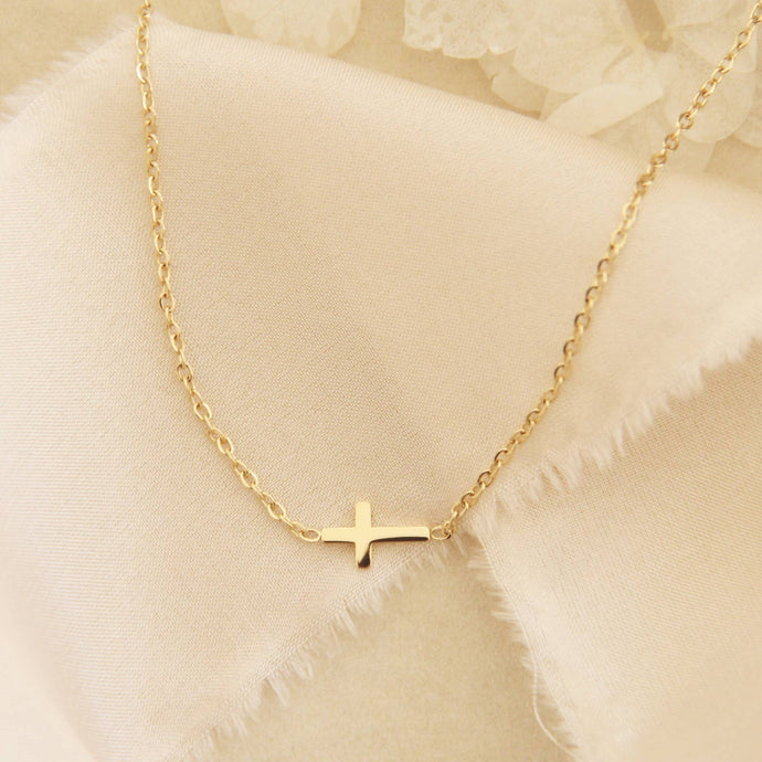 Dainty Sideways Cross Necklace: Yellow Gold