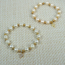 Load image into Gallery viewer, Jeweled Cross Pearls and Gold Bead Bracelet: White / 0-3 Months