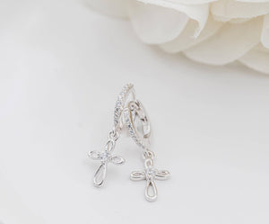 Sterling Silver Huggie with Cross Earrings for Kids, Girls