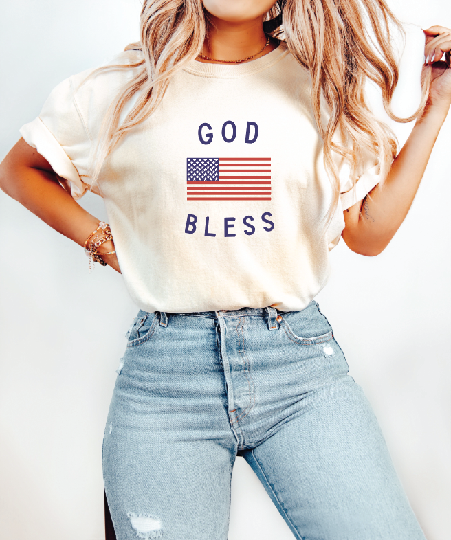 God Bless the USA 4th of July Classic Tee Christian Tee: Cream