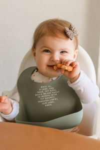 Catholic Meal Blessing Bib | BPA Free Bib | Gift For Baby: Sage Green - ALL CAPS English