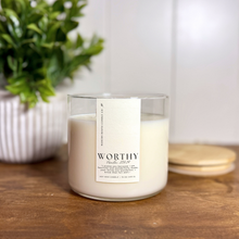 Load image into Gallery viewer, Worthy | Volcanic Island | 15 oz. Clear Jar Soy Candle: Natural Wood Lid