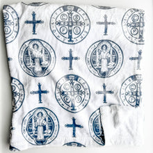 Load image into Gallery viewer, St. Benedict Medal Gray &amp; White Minky Blanket