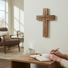 Load image into Gallery viewer, Faith Script Mango Wood Wall Cross – Natural Finish