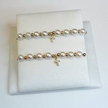 Load image into Gallery viewer, Jeweled Cross Pearls and Gold Bead Bracelet: White / 0-3 Months
