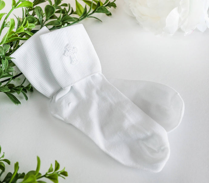 White Unisex First Communion Dress Socks with Cross