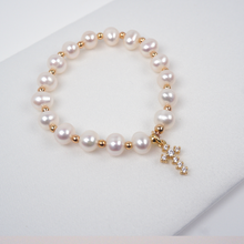 Load image into Gallery viewer, Fancy Jeweled Cross Water Pearl Bracelet: 6-12 Months