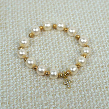 Load image into Gallery viewer, Jeweled Cross Pearls and Gold Bead Bracelet: White / 0-3 Months
