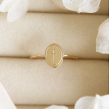 Load image into Gallery viewer, Oval Engraved Cross Ring, Christian Faith Jewelry Gift: Yellow Gold / 5