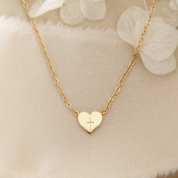 Tiny Heart Cross Necklace, Cross Christian Necklace Jewelry: Silver