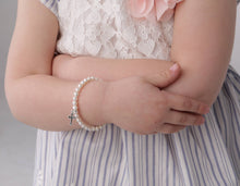 Load image into Gallery viewer, Girls Sterling Silver Pearl and Cross Baby Bracelet Kids: Large 6-12 Years