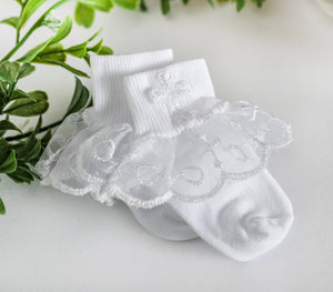 White Baby Girl Lace Baptism or Christening Socks with Cross