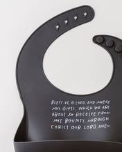 Load image into Gallery viewer, Catholic Meal Blessing Bib | BPA Free Bib | Gift For Baby: Sage Green - ALL CAPS English