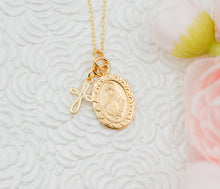 Load image into Gallery viewer, Gold Plated Miraculous Medal Cross Necklace for Girls &amp; Kids: 16-18 inch