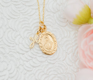 Gold Plated Miraculous Medal Cross Necklace for Girls & Kids: 14 inch