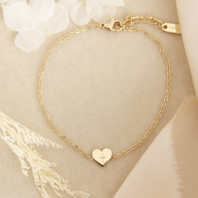 Tiny Heart Cross Bracelet, Engraved Cross Jewelry: Yellow Gold