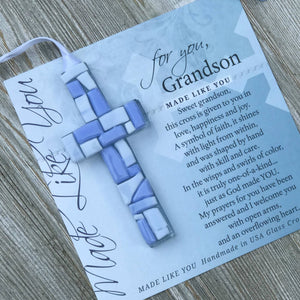 Grandson Gift: USA Handmade Mosaic Glass Cross 4483