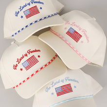 Load image into Gallery viewer, The Land of Freedom Flag Embroidered Trucker Hat: ROYAL BLUE / ONE SIZE