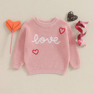 Valentine's Day ''LOVE'' Heart Embroidery Pullover Baby/Children's Sweater - Pink
