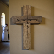 Load image into Gallery viewer, Faith Script Mango Wood Wall Cross – Natural Finish