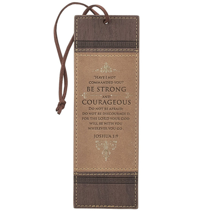 Be Strong and Courageous Walnut-Brown and Tan Faux Leather Bookmark - Joshua 1:9